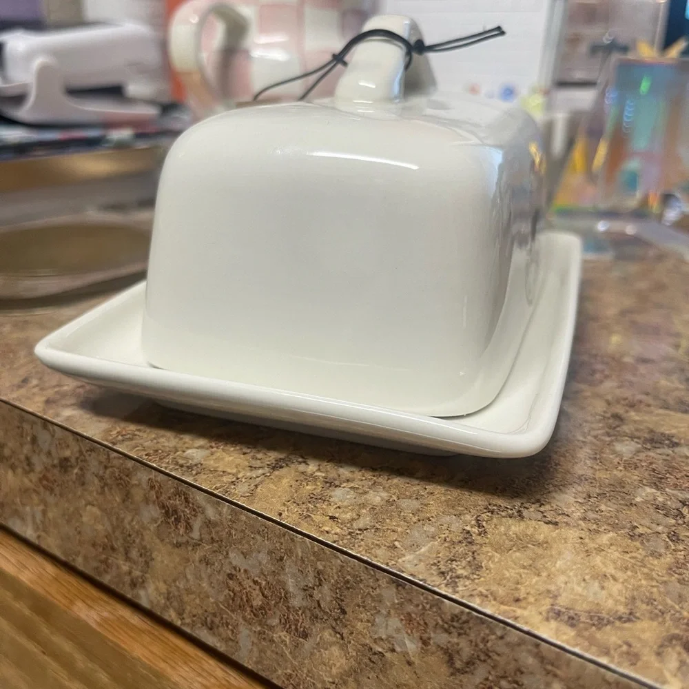 Creative Co-Op White Ceramic Butter Dish with Cow Design